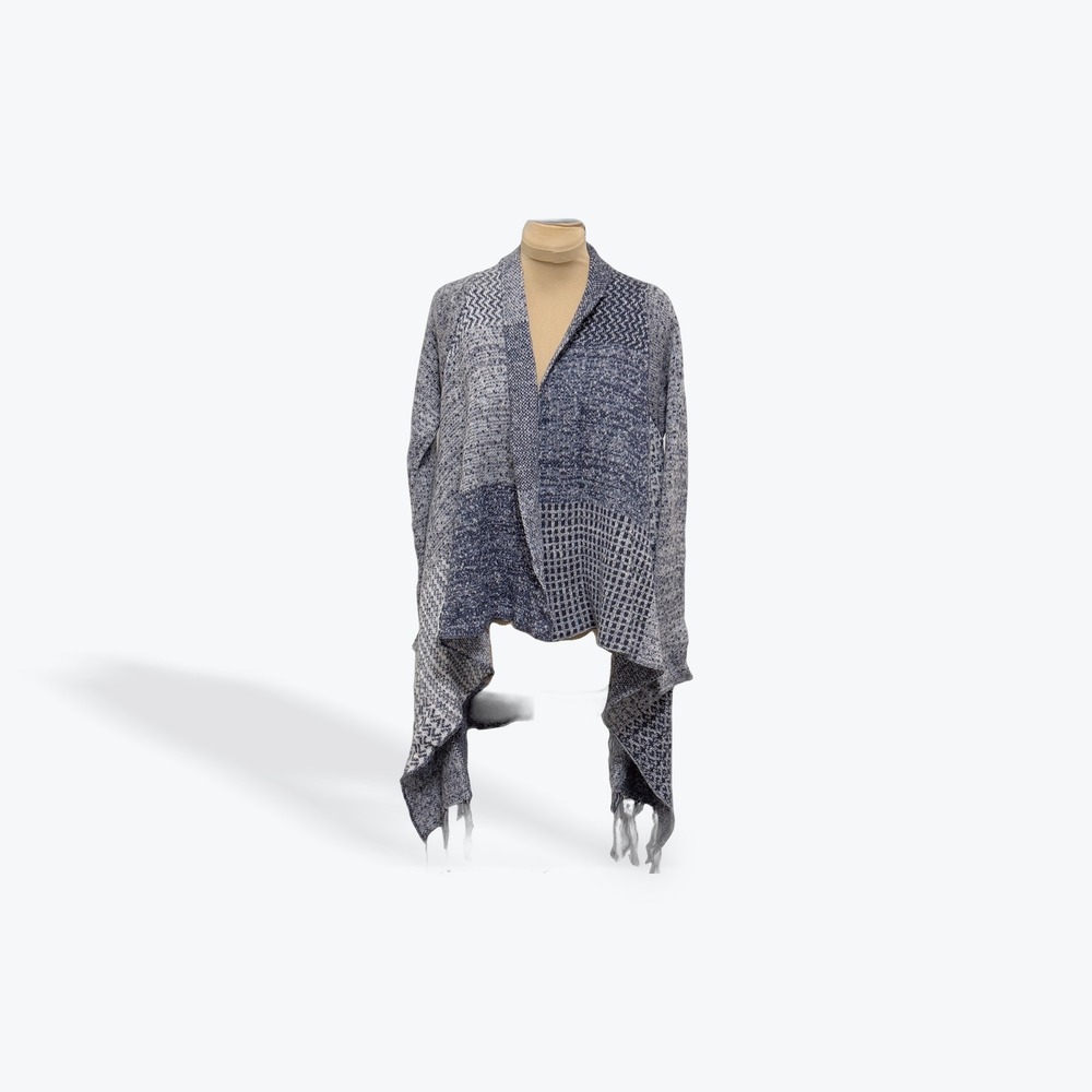 KNOX ROSE Women Patchwork Cardigan Sweater Blue Gray Size M Fringe Open Front‎